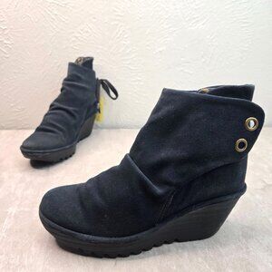 Fly London Sluchy Ankle Boots 39 Black Suede Chunky Platform Retro Wedge Booties